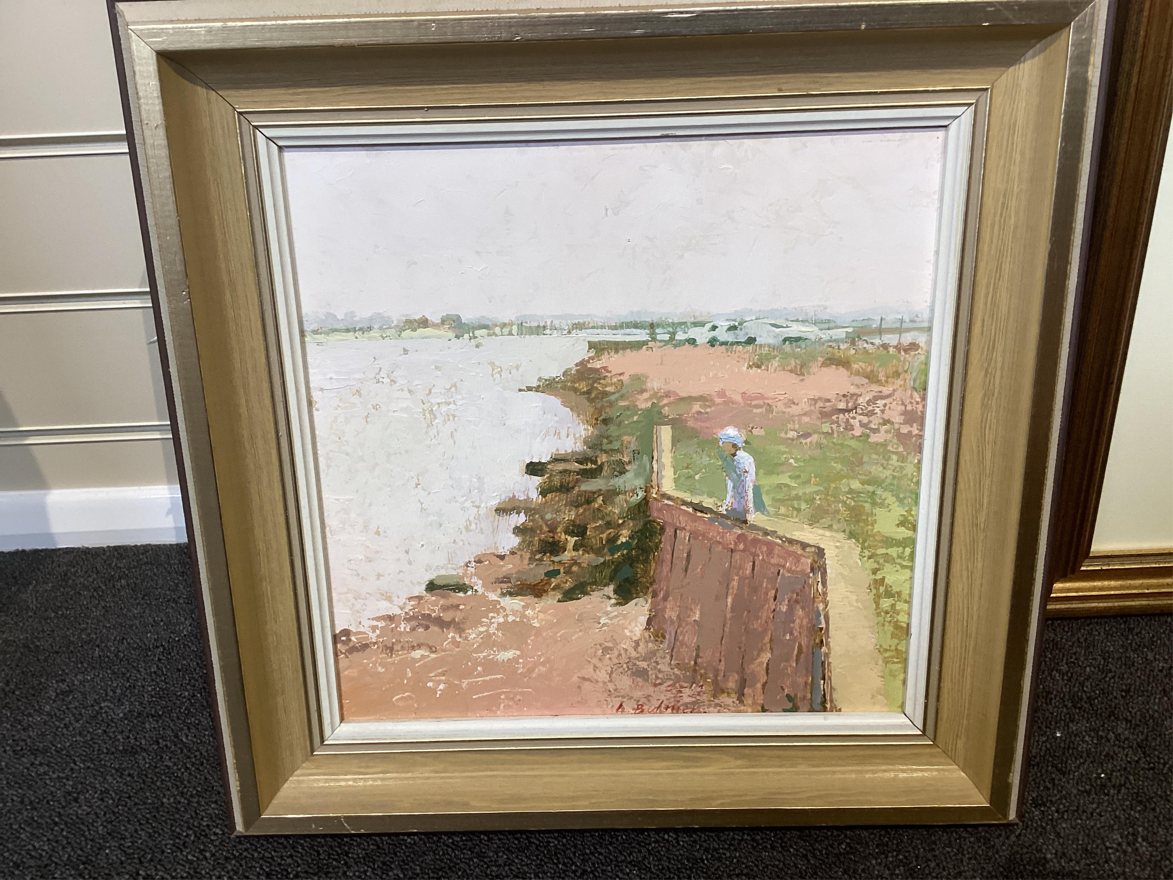 Lionel Bulmer (English, 1919-1991), oil on board, 'Sea Wall, River Blyth', signed, label verso, 29 x 29cm. Condition - good